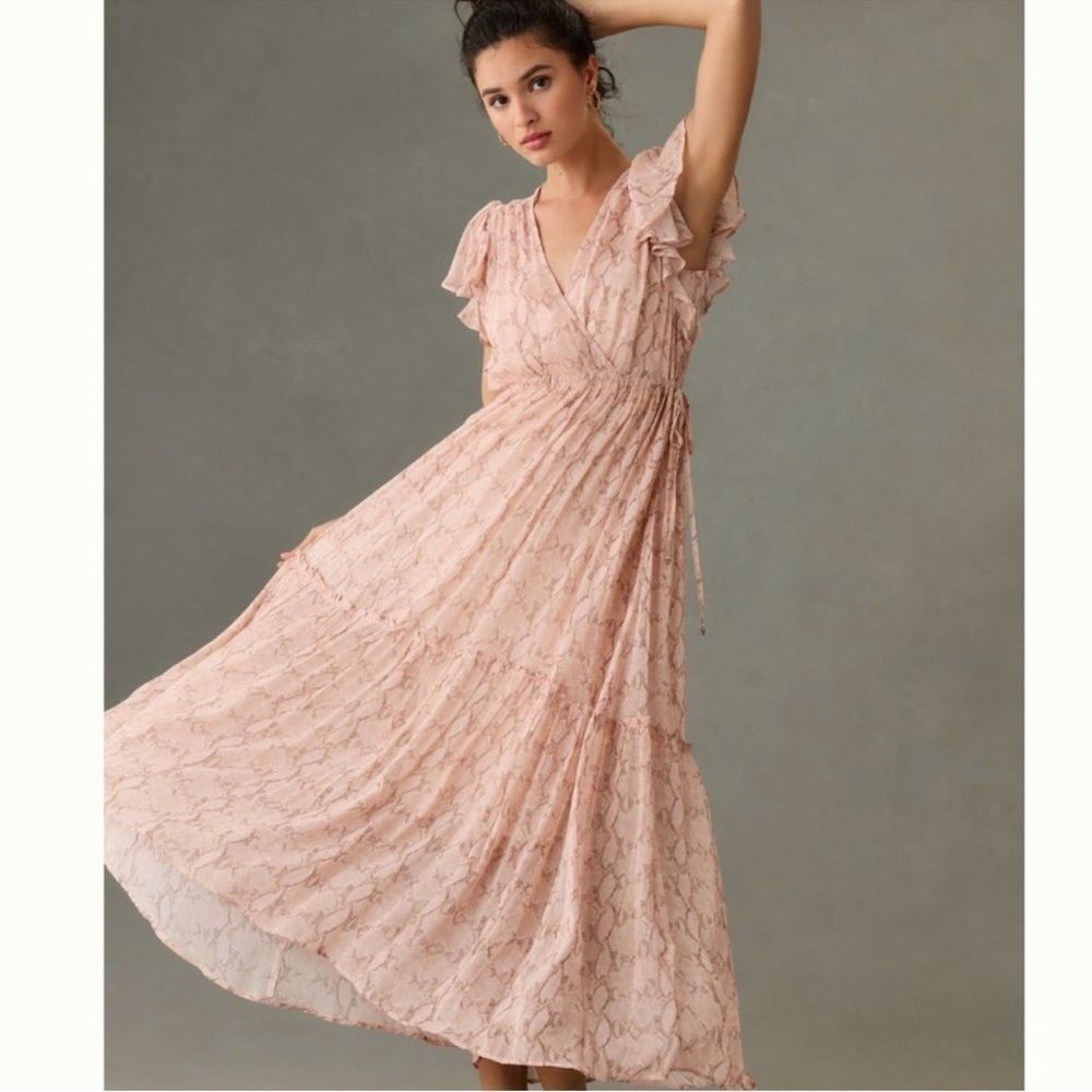 Anthropologie Sheer V-Neck Flutter-Sleeve Midi Dress-Mm11
